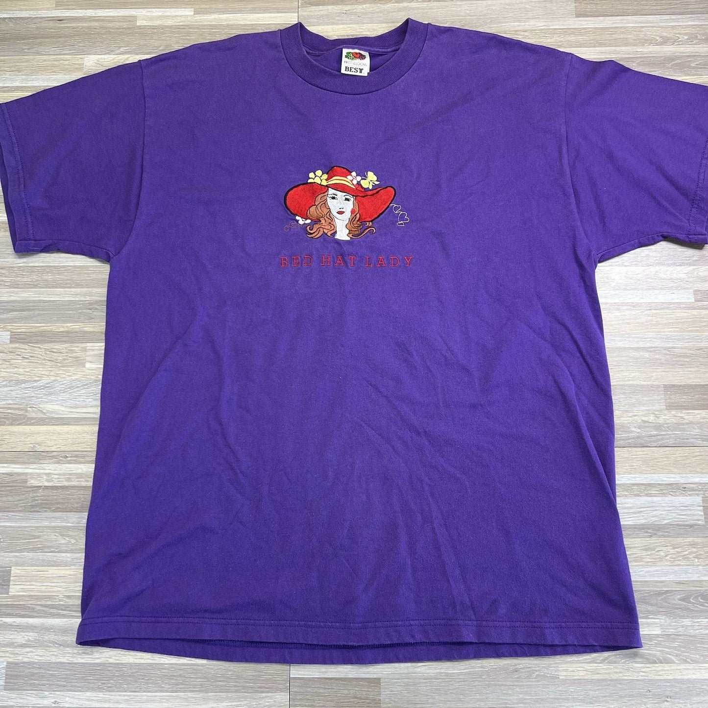 VTG Red Hat Society Women’s T Shirt Purple Size XL Embroidered - JL485