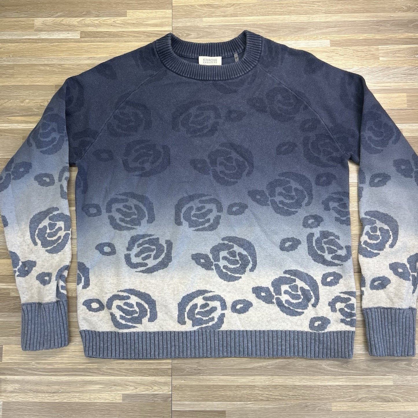 Kinross Cashmere Women's Ombré Blue Floral Sweater Size L - JL471