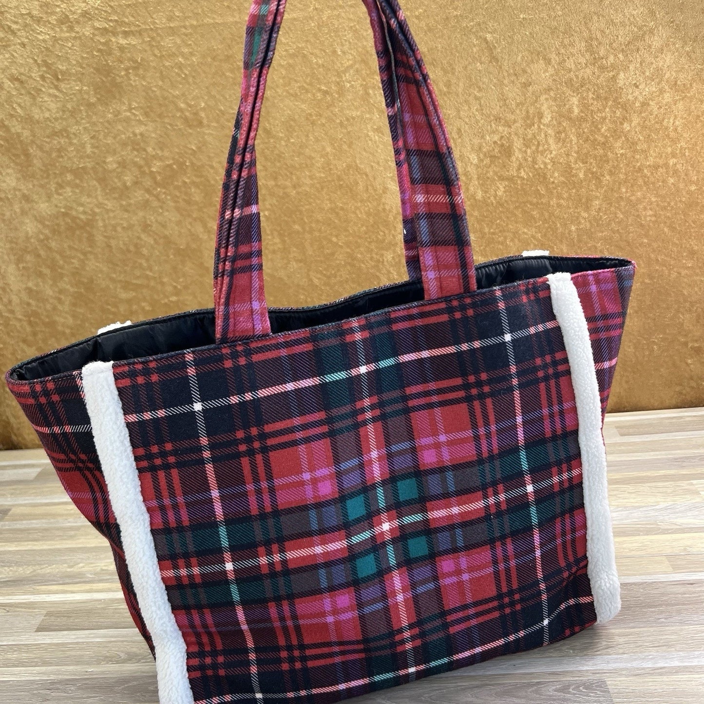 Victoria's Secret Flannel Sherpa Double Handle Tote Bag Red Plaid - JN324