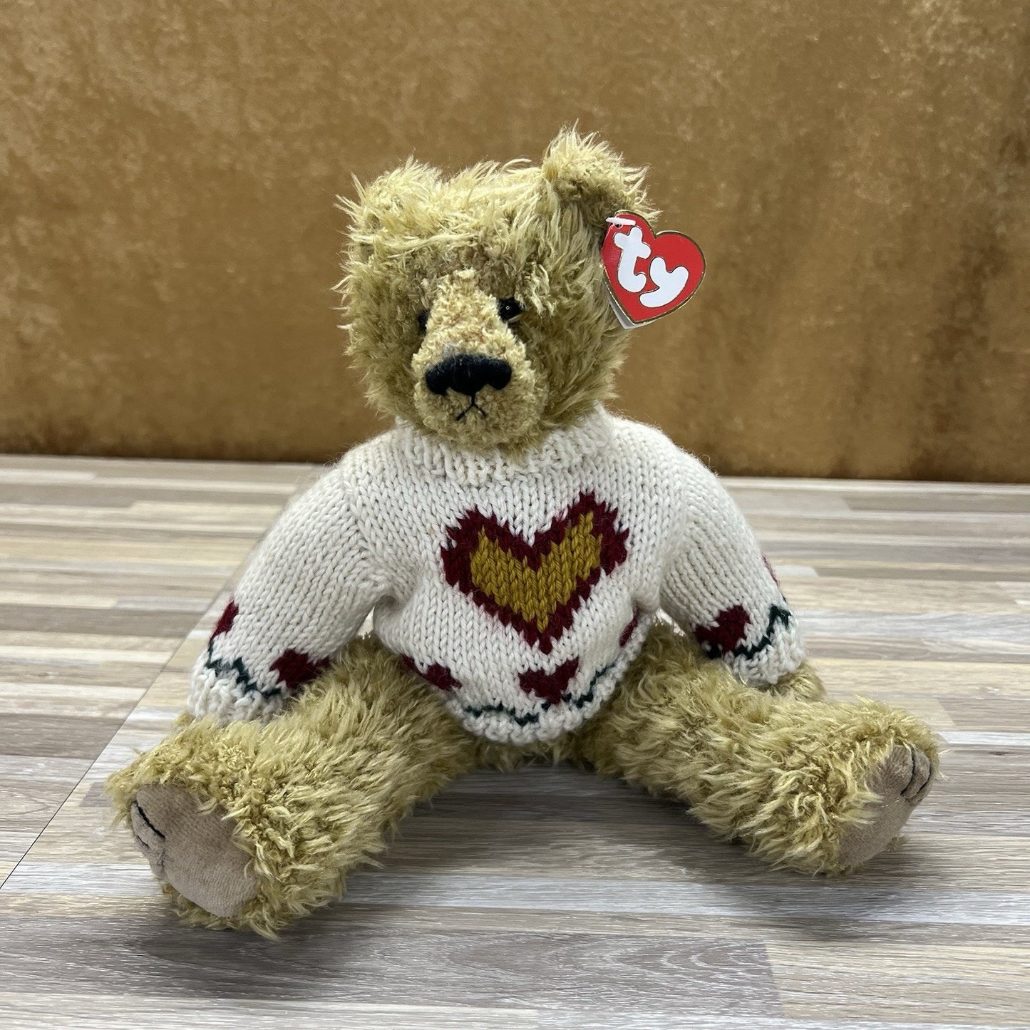 Vintage 1993 TY Bear W/Sweater Attic Treasures Collection Heartley Plush - M223