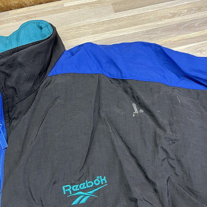 VTG Reebok Men's 90s Windbreaker Jacket Size XL Tuck Away Hood Black Blue -2N666