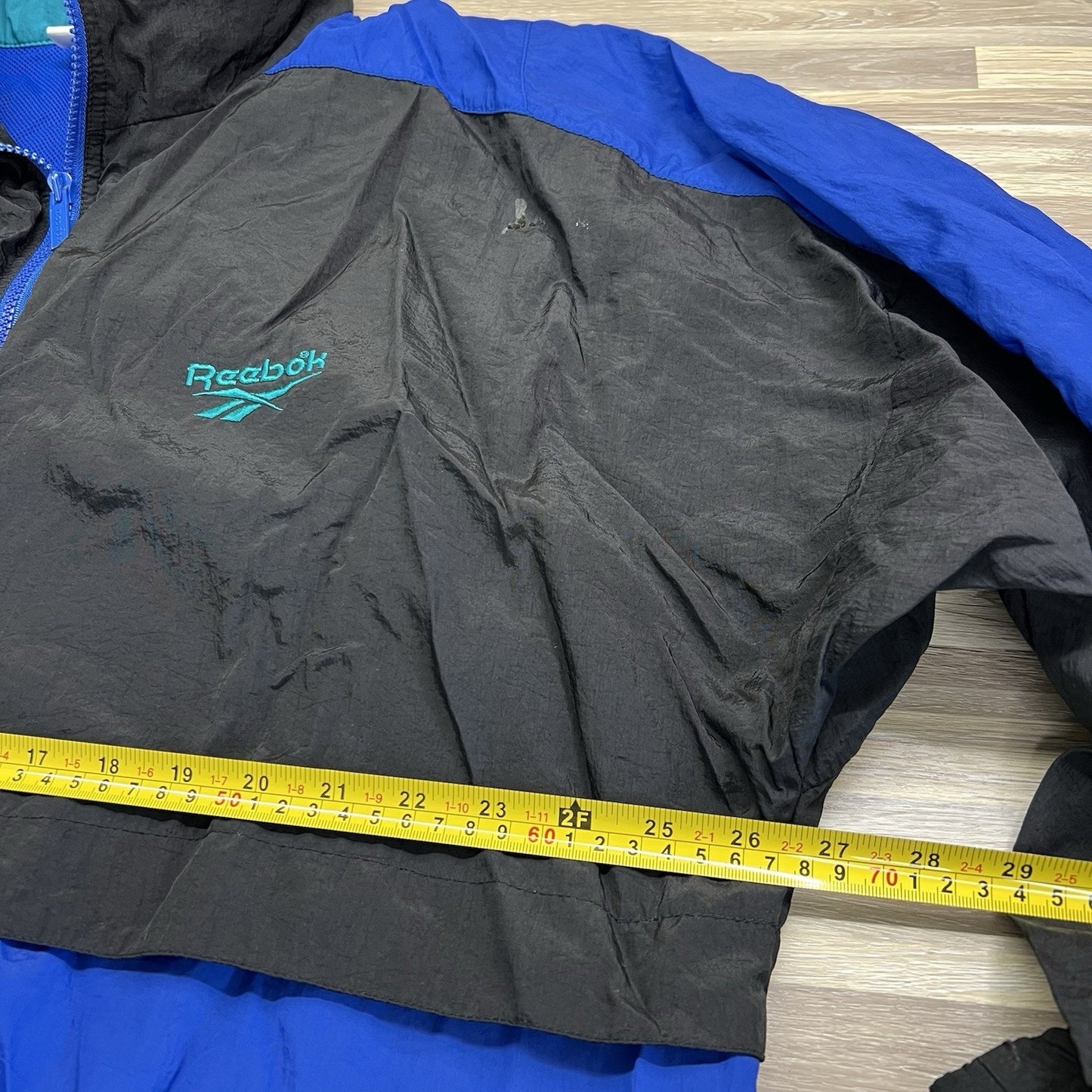 VTG Reebok Men's 90s Windbreaker Jacket Size XL Tuck Away Hood Black Blue -2N666