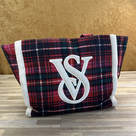 Victoria's Secret Flannel Sherpa Double Handle Tote Bag Red Plaid - JN324