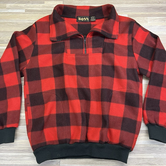 VTG Boss Buffalo Plaid Pullover Fleece Red Black Size Small - JL496