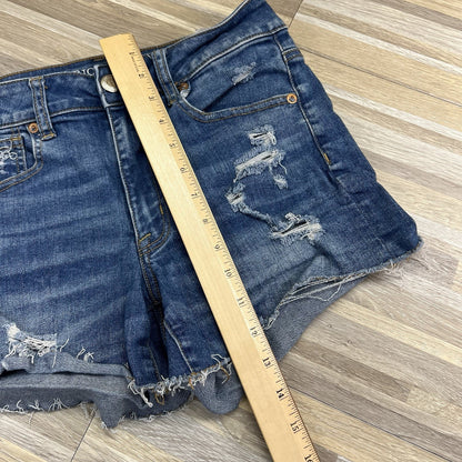 American Eagle Hi-Rise Shortie Denim Shorts Destroyed Size 6 28- JN278