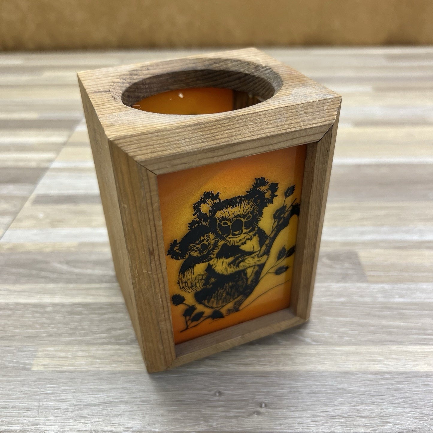 VTG 70s Koala Bear Candle Holder Wood Glass Three Bears Dallas Texas - 2S613