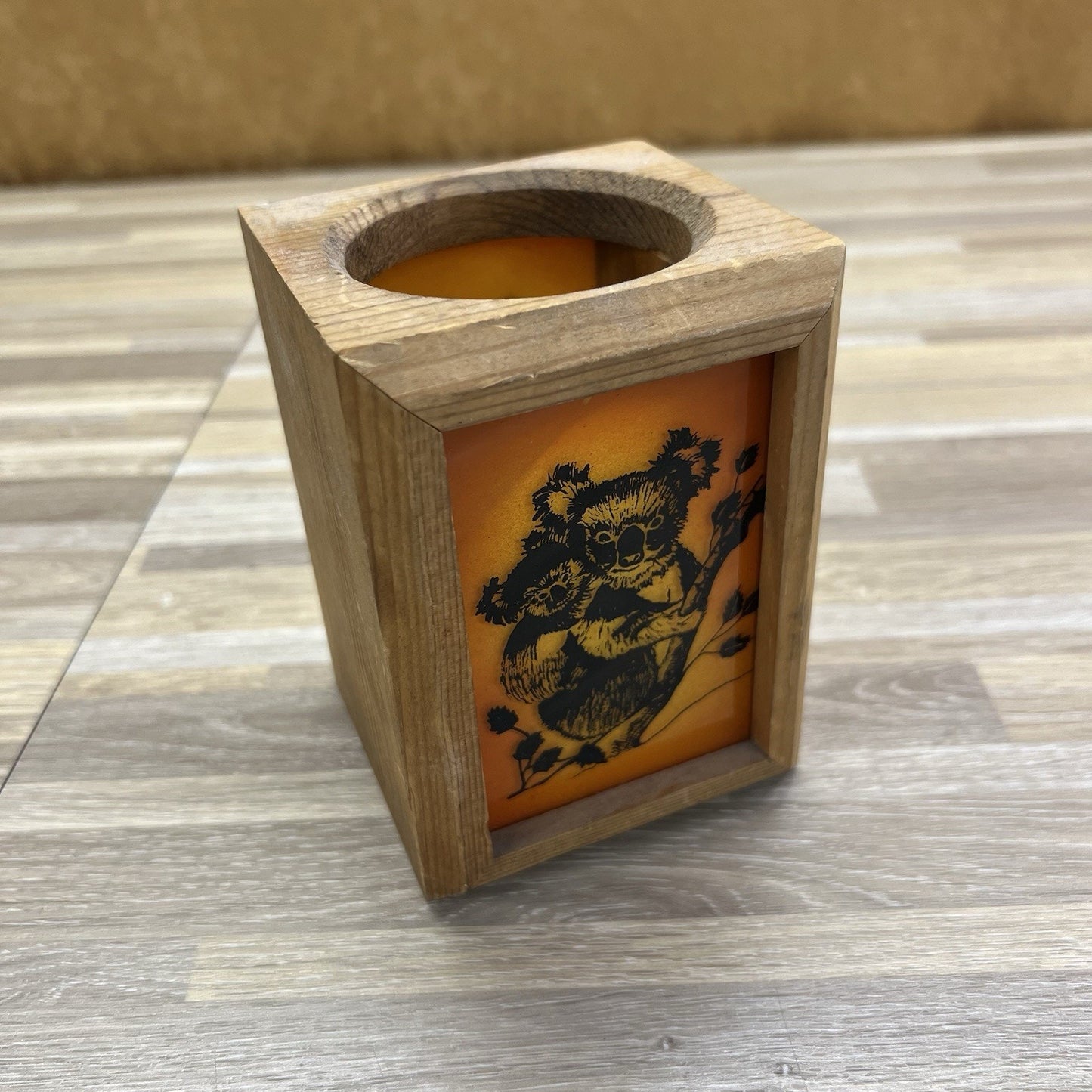 VTG 70s Koala Bear Candle Holder Wood Glass Three Bears Dallas Texas - 2S613