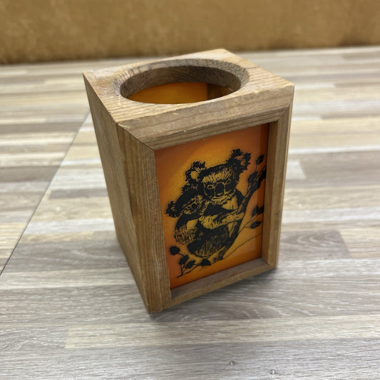 VTG 70s Koala Bear Candle Holder Wood Glass Three Bears Dallas Texas - 2S613