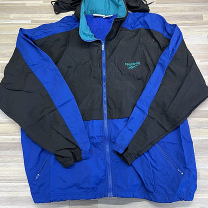 VTG Reebok Men's 90s Windbreaker Jacket Size XL Tuck Away Hood Black Blue -2N666