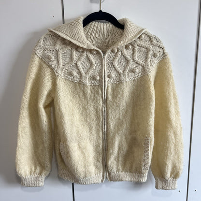 VTG Handmade Zip Up Sweater Women's Large Collar Size S/M Creamy Yellow - 1O648