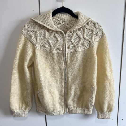 VTG Handmade Zip Up Sweater Women's Large Collar Size S/M Creamy Yellow - 1O648