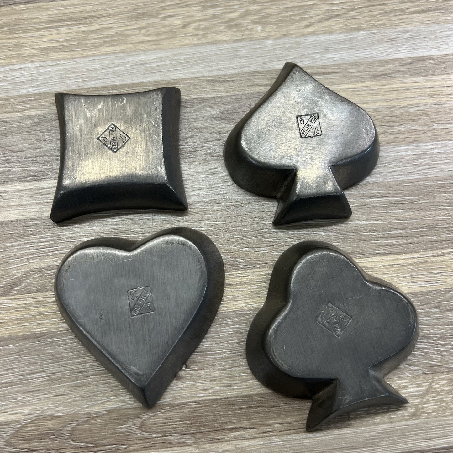VTG Etain Pur Pewter Cards Suits Mini Ash Trays Hearts Clubs Diamond Spade 6N682