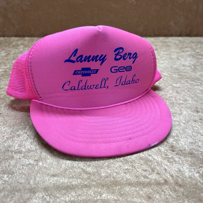 Vintage Trucker Hat Hot Pink Chevrolet Lanny Berg Car Dealership Hat Chevy