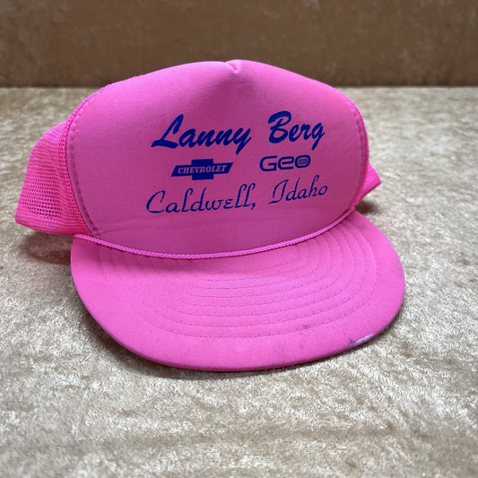 Vintage Trucker Hat Hot Pink Chevrolet Lanny Berg Car Dealership Hat Chevy