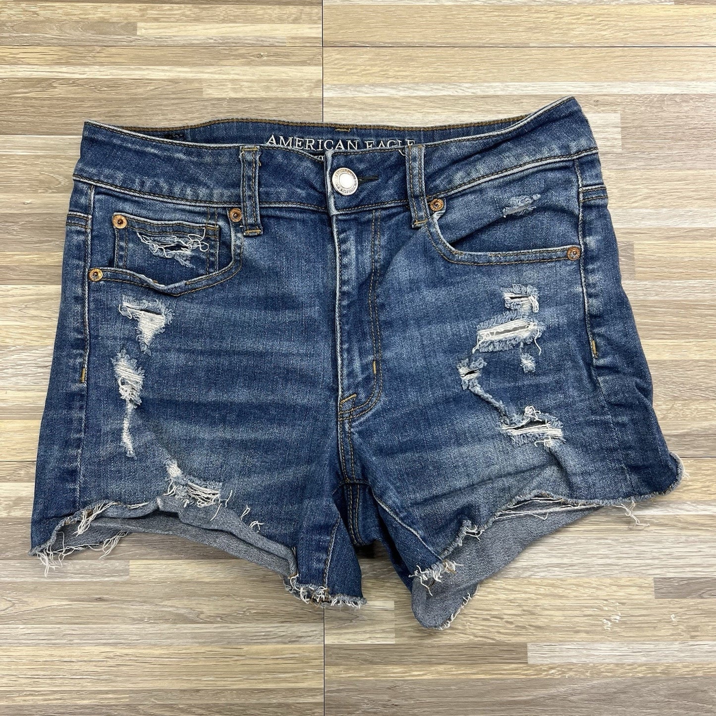 American Eagle Hi-Rise Shortie Denim Shorts Destroyed Size 6 28- JN278